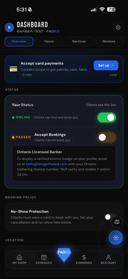 FADED app screenshot — barber dashboard showing online status toggle, pricing, and booking schedule