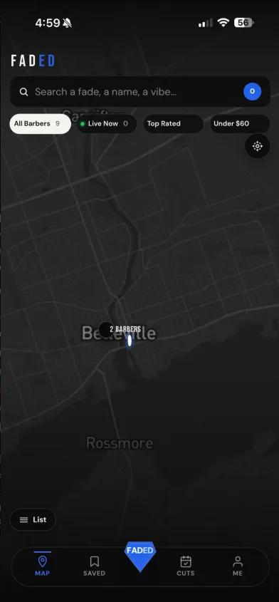 FADED app screenshot — client view of the live map showing available barbers nearby with real prices and reviews