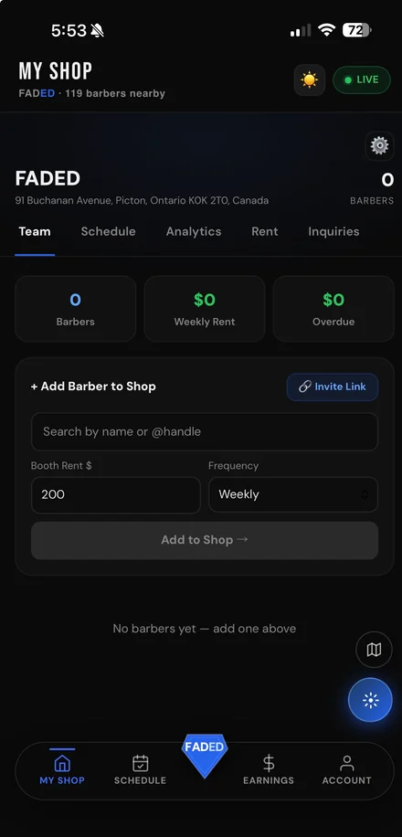 FADED app screenshot — shop owner dashboard showing team management, booth rental listings, and daily revenue tracking